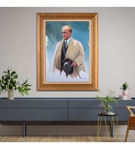 Altın Varaklı Çerçeveli Paspartulu Atatürk Tablo DC0794 (Gold)
