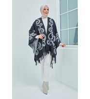 Kadın Çift Taraflı Saçaklı Omuz Şalı Panço-DESEN-01 (Siyah-K.Gri)