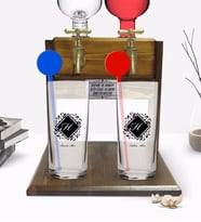 BK Gift Kişiye Özel Renkli Baskılı Baş Harf İsim Tasarımlı İkili Vodka Bardağı ve Çift Musluklu Doğal Ahşap Vodka Standı-10 (Model 1)