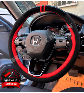 Honda Civic FE Dikme Direksiyon Kılıfı Parlak Siyah Kırmızı Detaylı Kırmızı Çift Yüzük ve Dikiş 2021-2026
