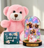 Kişiye Özel Yazılı 3 Fotoğraflı Renkli LED Işıklı Fanus(unicornlu) ve Pembe Peluş Ayıcık Kadına Hediye Sevgiliye Hediye