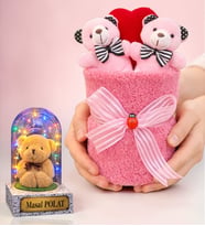 Premium Peluş Ayıcık Buketi ve Kişiye Özel Renkli Işıklı Ayıcıklı Fanus