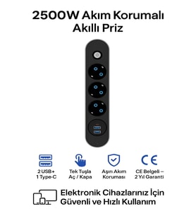 FTR 2500W Termal Akım Korumalı 3’lü Priz – 2 USB, 1 Type-C, Sigortalı Çoklayıcı, 2 m Kablo