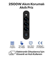 FTR 2500W Termal Akım Korumalı 3’lü Priz – 2 USB, 1 Type-C, Sigortalı Çoklayıcı, 2 m Kablo