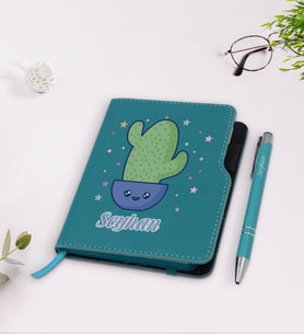 BK Gift Kişiye Özel Kaktüs Tasarımlı Turkuaz Termo Deri Defter Kalem Seti-4