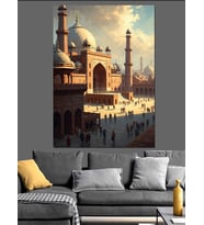 Avlulu Camii Ve Kalabalık İnsanlar Dekoratif Kanvas - Mdf Ahşap Tablo