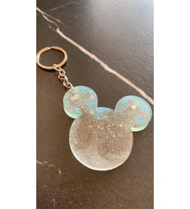 Mavi Renk ve Gümüş Glitter Mickey Mouse Gümüş Aksesuarlı Anahtarlık El Yapımı Epoksi Hediyelik (Açık Mavi)