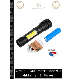 Premium Seri 4 Modlu Şarjlı Beyaz Işık Yüksek Kaliteli 300 Metre Menzilli Mıknatıslı El Feneri