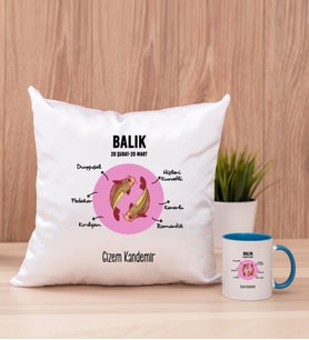 Kişiye Özel Balık Burcuna Hediye Kare Yastık ve Mavi Kupa