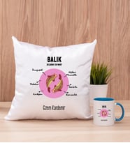 Kişiye Özel Balık Burcuna Hediye Kare Yastık ve Mavi Kupa