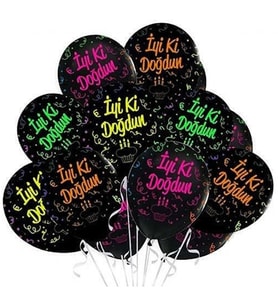İyi Ki Doğdun Renkli Baskılı Siyah Lateks Balon 12 inç (25x30 cm) 10’lu Paket-