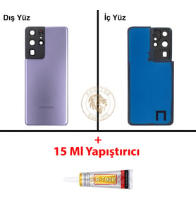 Samsung Galaxy S21 Ultra Mor Renk Lensli Arka Kapak + B7000 Yapıştırıcı Arka Cam Batarya Kapağı Pil Kapağı Lazer Kesim Back Cover Galaxy S21 Ultra Uyumlu