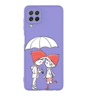 Samsung Galaxy M22 Uyumlu Lansman Kılıf Aşk Tasarımlı İçi Kadife Kapak-Lila (Şeffaf)
