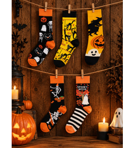 5'li Halloween Çorap Seti Cadılar Bayramı Hediye Cadı İskelet Kara Kedi Desenli Pamuklu Çorap