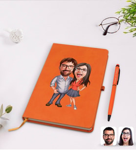 BK Gift Kişiye Özel Sevgililer Karikatürlü Turuncu Termo Deri Defter Kalem Seti Model 105