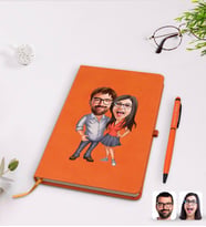 BK Gift Kişiye Özel Sevgililer Karikatürlü Turuncu Termo Deri Defter Kalem Seti Model 105