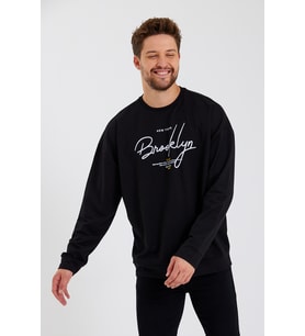 Erkek Bisiklet Yaka Oversize Fit  El Yazılı Brooklyn İnce Sweatshirt SPR23SW331 (Siyah)