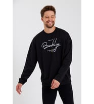 Erkek Bisiklet Yaka Oversize Fit  El Yazılı Brooklyn İnce Sweatshirt SPR23SW331 (Siyah)