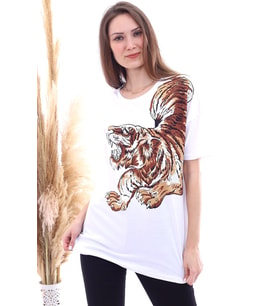 20061959 Süprem Taşlı Kaplan Baskılı T-Shirt BEYAZ
