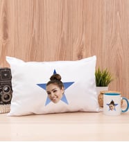 Kişiye Özel Mavi Yıldız Kafa Fotoğraflı Dikdörtgen Yastık ve Mavi Kupa