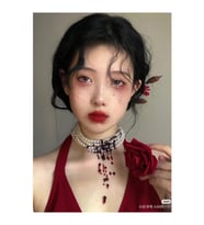 Gothic Tarzda Kanlı Kolye Bordo Boncuklu İncili Choker Kolye
