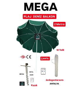 Plaj Deniz Şemsiyesi 2 Mt Çapında 10 Telli Çantası 48 Metal Sabitleme (Yeşil)