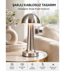 Şarjlı Kablosuz Mantar Masa Lambası Dokunmatik 3 Renk LED Modern Tasarım Yeni Nesil
