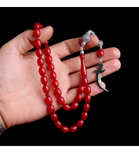 925 Ayar Gümüş Püsküllü Hz Ali Model Bordo Renk Ateş Kehribar Tesbih