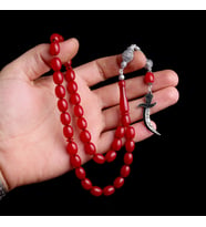 925 Ayar Gümüş Püsküllü Hz Ali Model Bordo Renk Ateş Kehribar Tesbih
