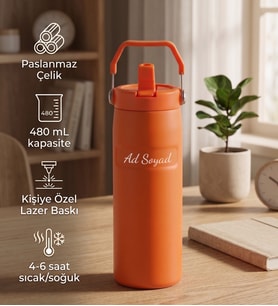 Kişiye Özel Taşıma Saplı Pipetli Paslanmaz Çelik Termos 480 mL