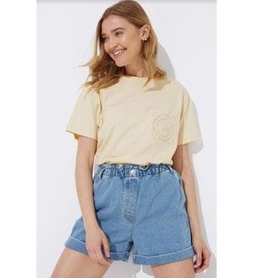 Kadın Krem Dantel Cepli Kısa Kollu Bisiklet Yaka T-Shirt