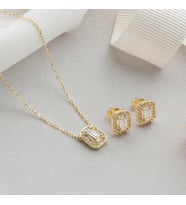 925 Ayar Gümüş Gold Baget Zirkon Taşlı Kolye Küpe Seti