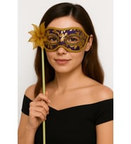 Lüks Taşlı Saplı Maskeli Balo Maskesi Mor Renk 35 cm (4767)