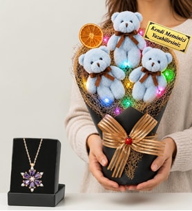 Doğum Günü Hediyesi Kişiye Özel Renkli LED Işıklı Peluş Ayıcık Buketi (Mavi) ve Gerçek Ametist Taşlı Lotus Kolye