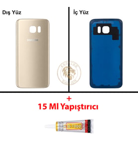 Samsung Galaxy S7 Gold Renk Arka Kapak + B7000 Yapıştırıcı Arka Cam Batarya Kapağı Pil Kapağı Lazer Kesim Back Cover Galaxy S7 Uyumlu