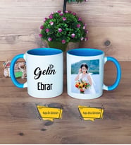 Gelin Kupa Bardak Mavi Fotoğraflı Düğün Hediyesi