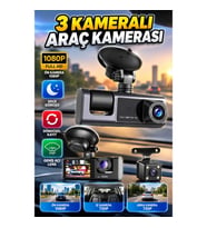 2.0” LCD Ekranlı Üç Kameralı Araç Kamerası – 1080p Ön ve 720p İç/Arka Kayıt, Döngüsel Kayıt