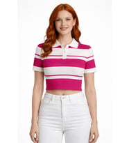 Çizgili Polo Yaka Düğmeli Triko Crop Bluz