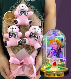 Size Özel Renkli Led Işıklı Fanus ve Büyük Boy Pembe Ayıcık Buketi Hediye Seti (Model 4)