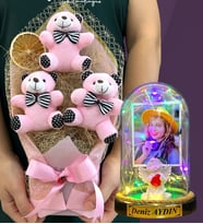 Size Özel Renkli Led Işıklı Fanus ve Büyük Boy Pembe Ayıcık Buketi Hediye Seti (Model 4)
