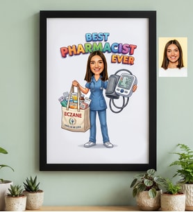 Kişiye Özel Karikatürlü Eczacı Siyah Çerçeve Tıp Bayramı Hediyesi