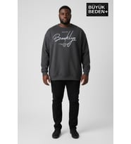 Erkek Büyük Beden El Yazılı Brooklyn Baskılı Bisiklet Yaka İnce Sweatshirt SPR26BSW956-6