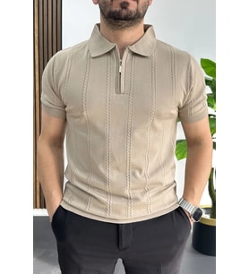 Erkek Desenli Polo Yaka Tişört Vizon Edw457