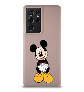 Samsung Galaxy S21 Ultra Soft Premier Kapak Mickey Mouse-A Tasarımlı Silikon Kılıf - Pudra (Şeffaf)