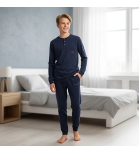 Genç Erkek Pamuklu Lacivert Renk Pijama Takımı AL007 V1 BB2436