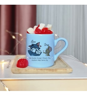 Tom & Jerry Tasarımlı Kişiye Özel Mavi Türk Kahvesi Fincanı
