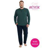 Erkek Büyük Beden 3 Düğmeli %100 Pamuk Mevsimlik Uzun Kol Cepli Pijama Takımı (Petrol Yeşili)