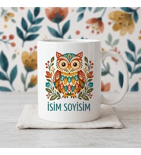 Kişiye Özel İsimli Bohem Tarz Renkli Baykuş Tasarımlı Seramik Kupa Bardak