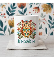 Kişiye Özel İsimli Bohem Tarz Renkli Baykuş Tasarımlı Seramik Kupa Bardak