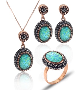Yeşil Paraiba ve Swarovski Taşlı 925 Ayar Gümüş Kadın Üçlü Set 201025578